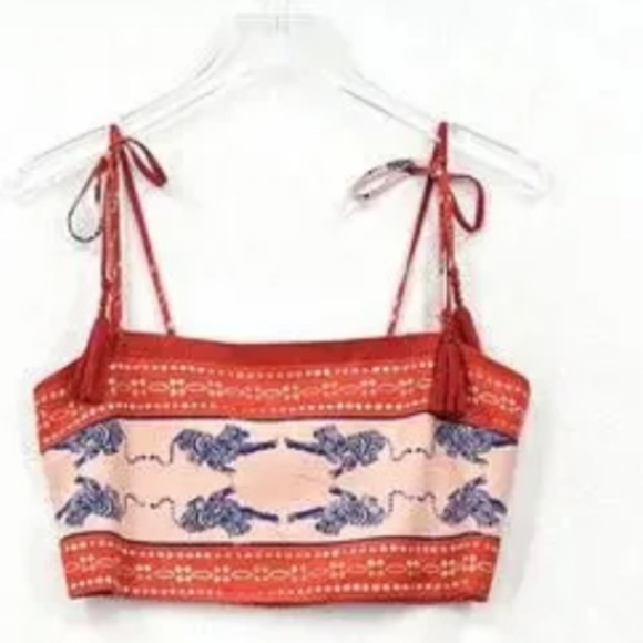 NWT Caroline Constas Crop Top L | Tiger Print Linen Tie-Shoulder Tassel Tank - Picture 1 of 4